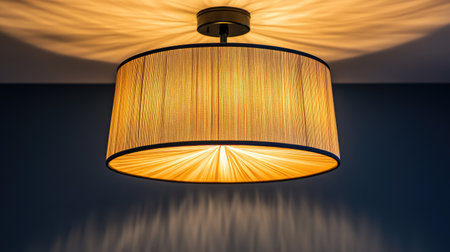 Modern ceiling lamp fixture illuminated in a dark room, creating a warm, focused beam of light against the dark background.の素材