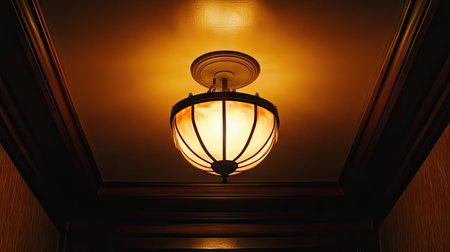 Single ceiling lamp fixture casting a soft glow in the dark, with warm tones creating a tranquil, moody ambiance.の素材