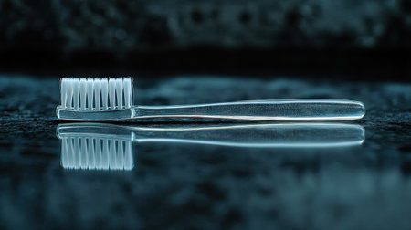 Transparent toothbrush with a stripe of toothpaste, resting on a glossy surface, highlighting a fresh and minimalist look in dental hygiene.の素材