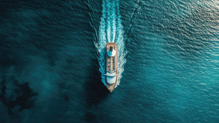 Top-down shot of a cruise ship with a vibrant blue ocean, highlighting every deck detail as it sails alone in the open seaの素材