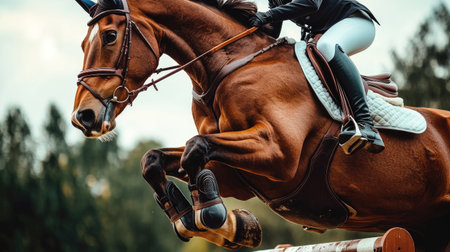 Side view of a rider guiding their horse mid-air over an obstacle, hooves barely grazing the fenceの素材
