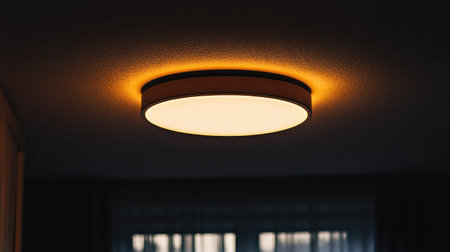 Softly glowing ceiling fixture in the dark, with a gentle circle of light highlighting the surrounding ceiling.の素材