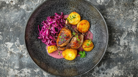 Succulent roasted duck on a plate with garnishes of red cabbage, fresh herbs, and crispy potatoes, capturing an elegant holiday meal presentation.の素材