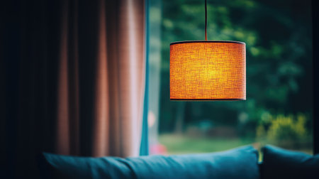 Warm, inviting glow from a ceiling fixture illuminating a dark room, with subtle shadows forming an atmospheric scene.の素材