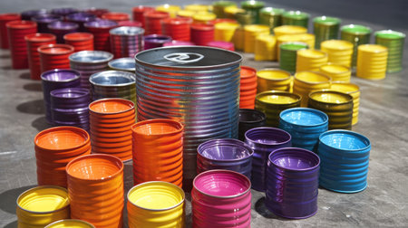 Tin cans and vibrant plastic caps on a flat surface, arranged to highlight the importance of sustainable waste disposal.の素材