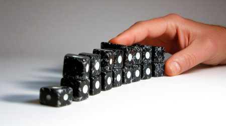 Close-up of a hand stopping a line of falling dominoes in mid-topple, capturing the moment of intervention and control on a light background.の素材