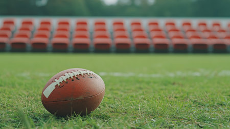A rugby ball in mid-focus, resting on a vibrant field with empty stadium seats in the background, waiting for fans to fill the space.の素材