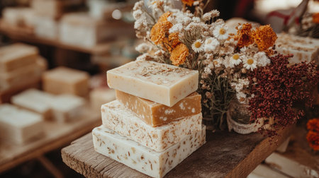 A rustic display of handmade organic soap bars with dried herbs and flowers on a wooden surface, giving a natural, earthy vibe.の素材