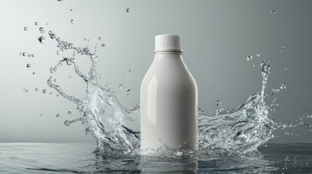 White cream bottle mockup in a dramatic water splash, creating an energetic and hydrating visual effect in crisp, clear water.の素材