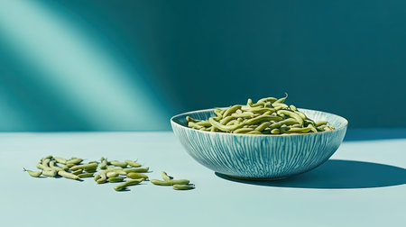 A bowl of raw yard-long beans with a few scattered beans on the side, presenting a healthy and natural vibe.の素材