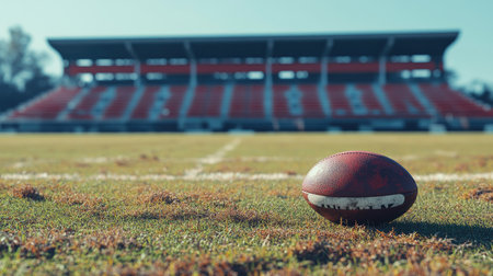 A rugby ball in mid-focus, resting on a vibrant field with empty stadium seats in the background, waiting for fans to fill the space.の素材