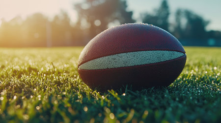 Close-up of a rugby ball against green grass with dewdrops on blades, creating a fresh, early morning sports scene.の素材