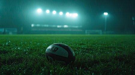 Close-up of a rugby ball nestled on green grass with stadium lights in the background, creating a pre-game atmosphere.の素材