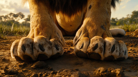 Close-up of a lion's powerful paws on the dirt, symbolizing strength and the untamed nature of the animal kingdom.の素材