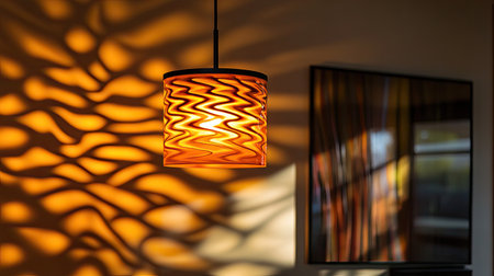 Warm glow from a ceiling fixture lighting up a dark room, casting subtle shadows on nearby surfaces for a calming effect.の素材