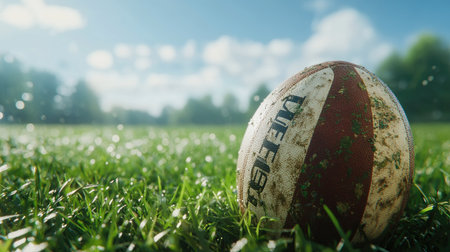 Close-up of a rugby ball on a lush green field under bright sunlight, with the grass blades standing out in sharp detail.の素材