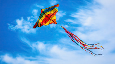 Brightly colored rainbow kite with striped pattern, soaring high with long tails trailing in a bright blue skyの素材
