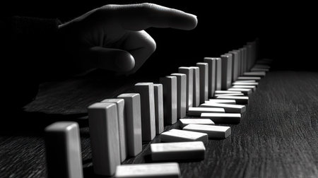 Close-up of a hand halting falling dominoes, with a sharp focus on the stopped motion and moment of intervention.の素材