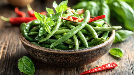 A small bowl of yard-long beans with sprigs of basil and slices of red chili, showcasing a colorful, flavorful mix.の素材