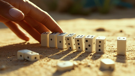 Close-up of a hand stopping a row of falling dominoes on a plain background, highlighting control and decision-making.の素材