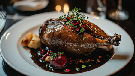 Whole roasted duck with crispy skin, garnished with herbs and pomegranate, served elegantly on a white plate in a cozy dining setting.の素材