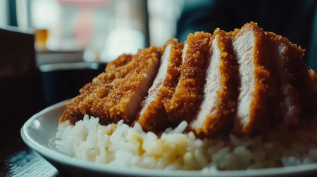 Close-up of crispy pork cutlet over rice with curry sauce, emphasizing the texture of the cutlet and the rich, flavorful curry.の素材