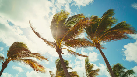 Close-up of fronds on a windy day, swaying against the sunlight, highlighting the vibrant green color under a bright skyの素材