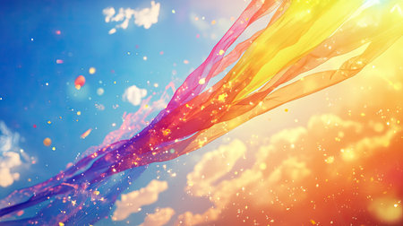 Close-up of colorful rainbow kite soaring with long tails against a bright, sunny sky, a vibrant and festive sightの素材