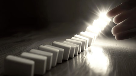 Dominoes toppling toward an outstretched hand, which blocks the sequence, showing the power to stop a chain reaction.の素材