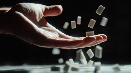 Dominoes toppling toward an outstretched hand, which blocks the sequence, showing the power to stop a chain reaction.の素材