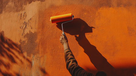 Close-up of roller brush with orange paint, held by hand, gliding across a plain wall, leaving an even coatの素材