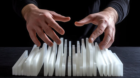 Fingers blocking falling dominoes mid-topple, focusing on the pause created by a deliberate intervention.の素材