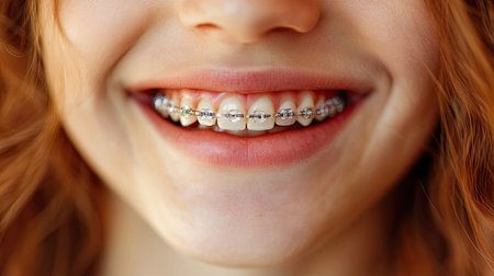 Close-up of a smiling woman gently holding clear braces in front of her face, highlighting the braces and her bright smile.の素材