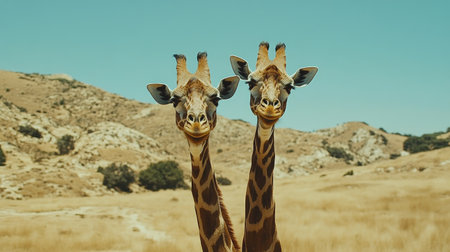 Close-up of two giraffes with their necks gently crossed, capturing a moment of connection and grace in the wild.の素材