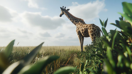 Giraffe feeding on leaves with the wide, open plains in the background, capturing a moment of serene grazing.の素材