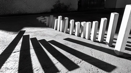 Fingers blocking falling dominoes mid-topple, focusing on the pause created by a deliberate intervention.の素材