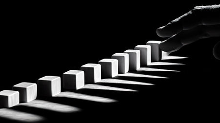 Hand blocking a line of falling dominoes, capturing the dramatic effect of halting momentum in its tracks.の素材