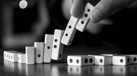 Fingers stopping a domino chain mid-fall, with toppled dominoes creating a visual of cause and effect halted by choice.の素材