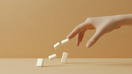 Fingers intercepting falling dominoes on a neutral background, symbolizing choice and the impact of intervention.の素材