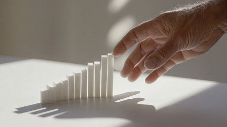 Hand in focus, stopping a series of white dominoes mid-fall on a neutral surface, capturing the moment of change and decision.の素材