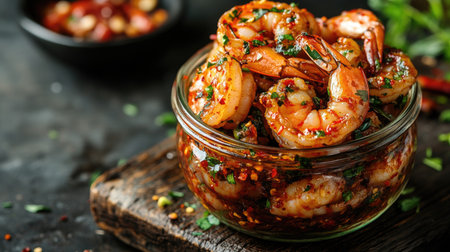 Korean pickled shrimp with red chili, garlic, and herbs, in a glass jar, placed on a dark wooden surface to emphasize its rich, spicy flavors.の素材