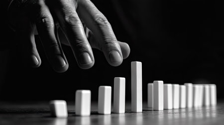 Fingers stopping falling dominoes in a dynamic capture, with emphasis on the moment of interruption and power to change the course.の素材