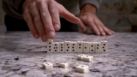Hand in focus, stopping a series of white dominoes mid-fall on a neutral surface, capturing the moment of change and decision.の素材