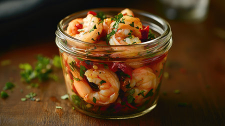 Korean pickled shrimp with red chili, garlic, and herbs, in a glass jar, placed on a dark wooden surface to emphasize its rich, spicy flavors.の素材