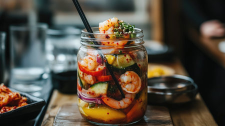 Jar of pickled shrimp with spicy Korean marinade, served with chopsticks and side dishes, showcasing a traditional Korean appetizer.の素材