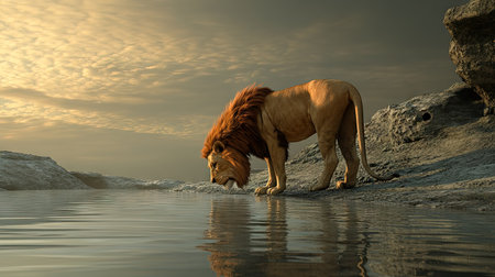 Powerful lion drinking from a waterhole, with a calm yet dominant stance, showing strength in the simplicity of nature.の素材