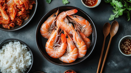 Overhead view of Korean pickled shrimp with red chili and garlic, served with a side of kimchi, rice, and traditional Korean utensils.の素材