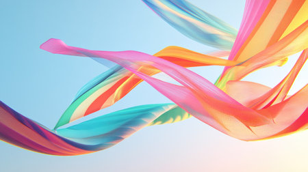 Rainbow-colored kite in the sky with striped pattern and tails flowing gracefully in the breeze, set against a clear backgroundの素材