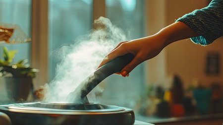 Person's hand gripping an iron handle, angled above a garment, ready to press down steam holes visible on the soleplateの素材