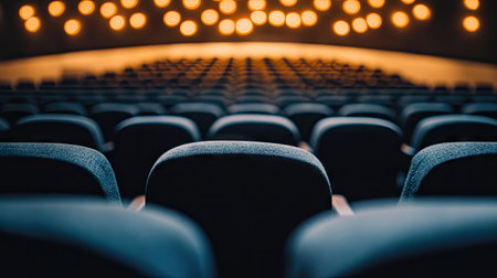 Modern cinema hall, empty with rows of black seats facing forward soft lights cast a calm glow across the roomの素材